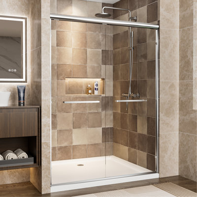 50"-54" W X 72" H Aluminum Frame Double Sliding Shower Door, 1/4" (6Mm) Clear Tempered Glass With Explosion-Proof Film, Dual Stainless Steel Handles