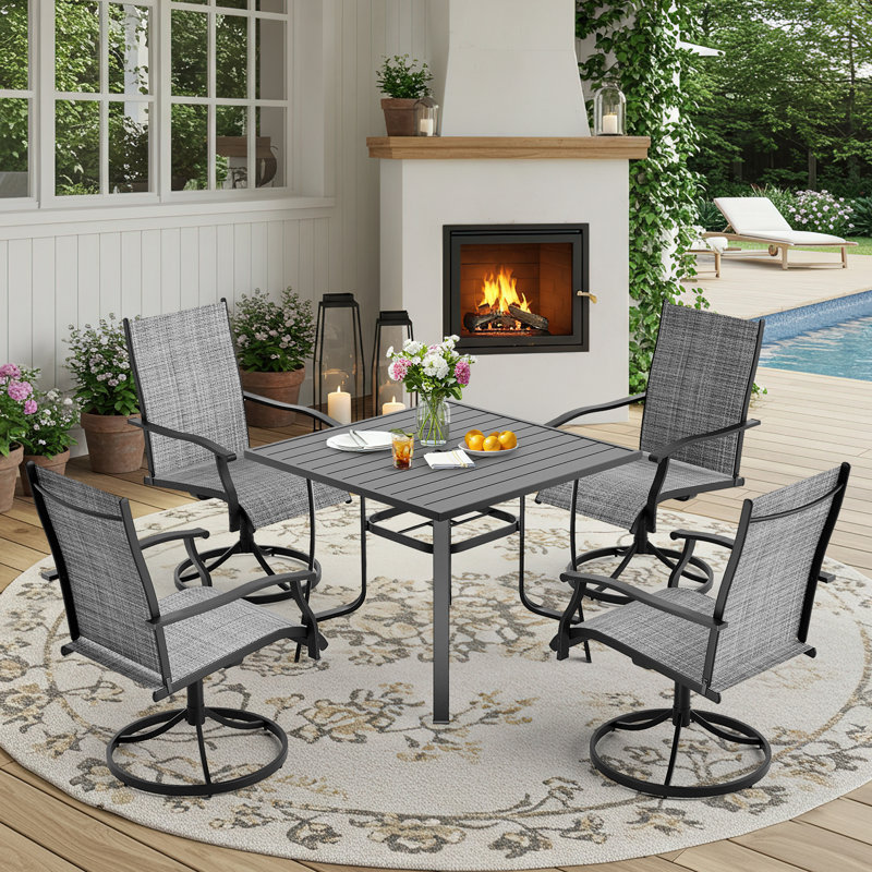 5 Piece Patio Dining Set, Outdoor Dining Table And Chairs Set For 4, 4 Swivel Chairs, 1 Iron Square Table With Umbrella Hole, Patio Furniture Set For Deck, Backyard, Lawn, Poolside, Brown/gray/blue