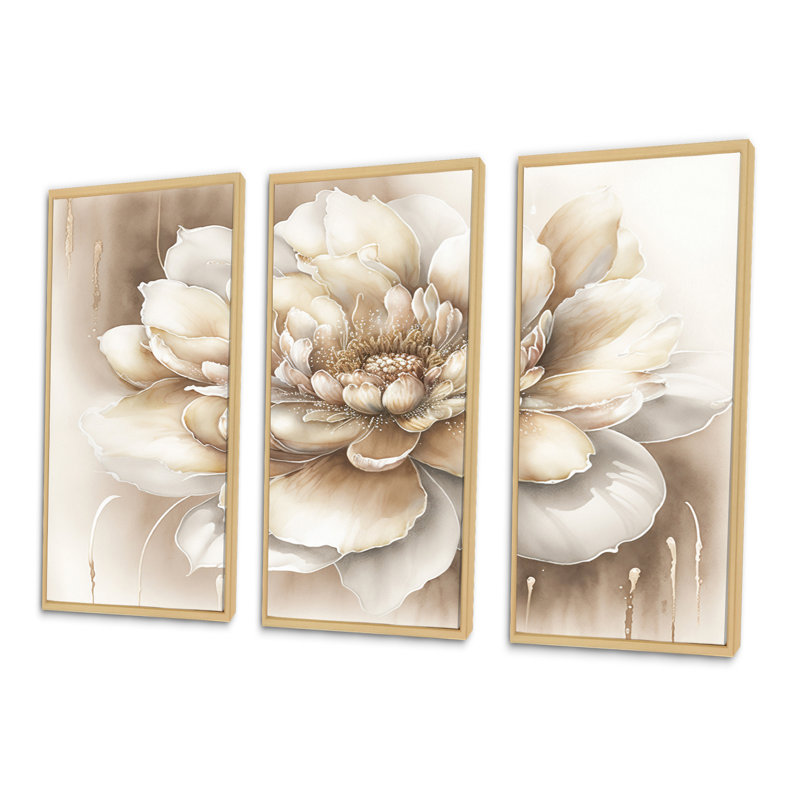 Simple fleur beige II - 3 pièces, reproduction sur toile, Naturel, H 32 po x l 48 po x P 1 po