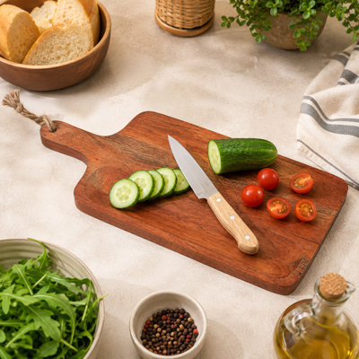 Acacia Wood Cutting Board with Handle, Handcrafted Wooden Chopping Board, Natural Finish Serving Board for Bread, Cheese, Charcuterie & Food Prep, Rectangular Paddle Board, 8 x 0.75 x 18 Inches
