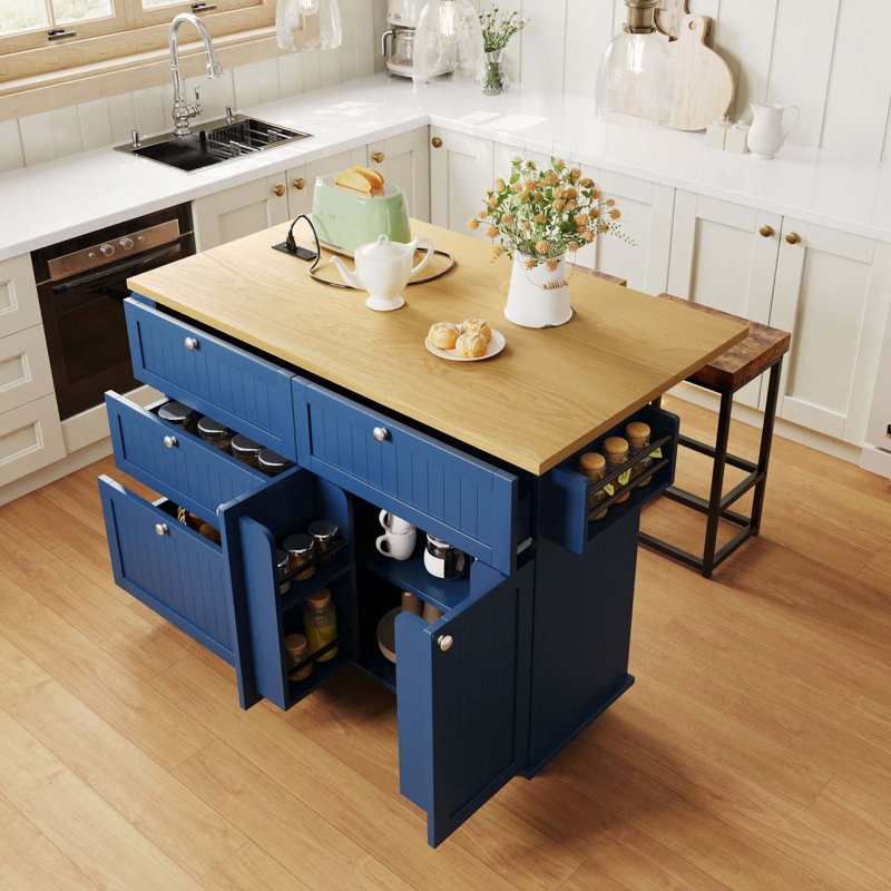 Ensemble de 3 îlots de cuisine de style campagnard avec 2 tabourets, abattant, armoire, tiroirs, tablettes de porte, prise de courant