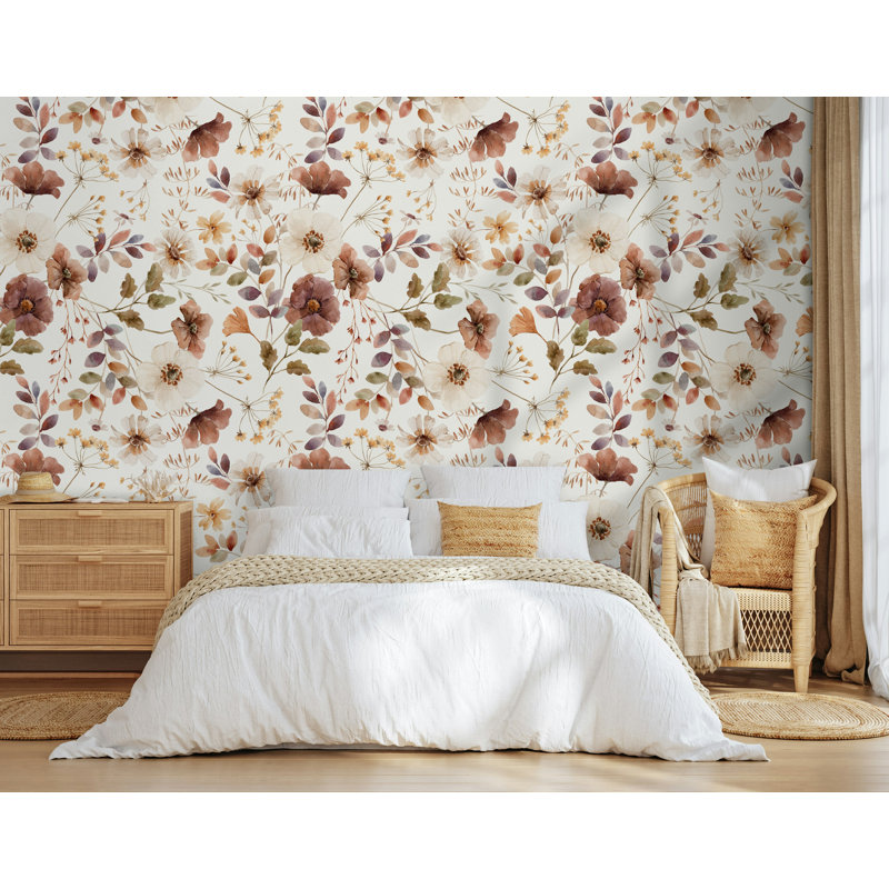 Papier peint aquarelle fleurs sauvages d'automne sur fond blanc, L 75 po x l 112 po