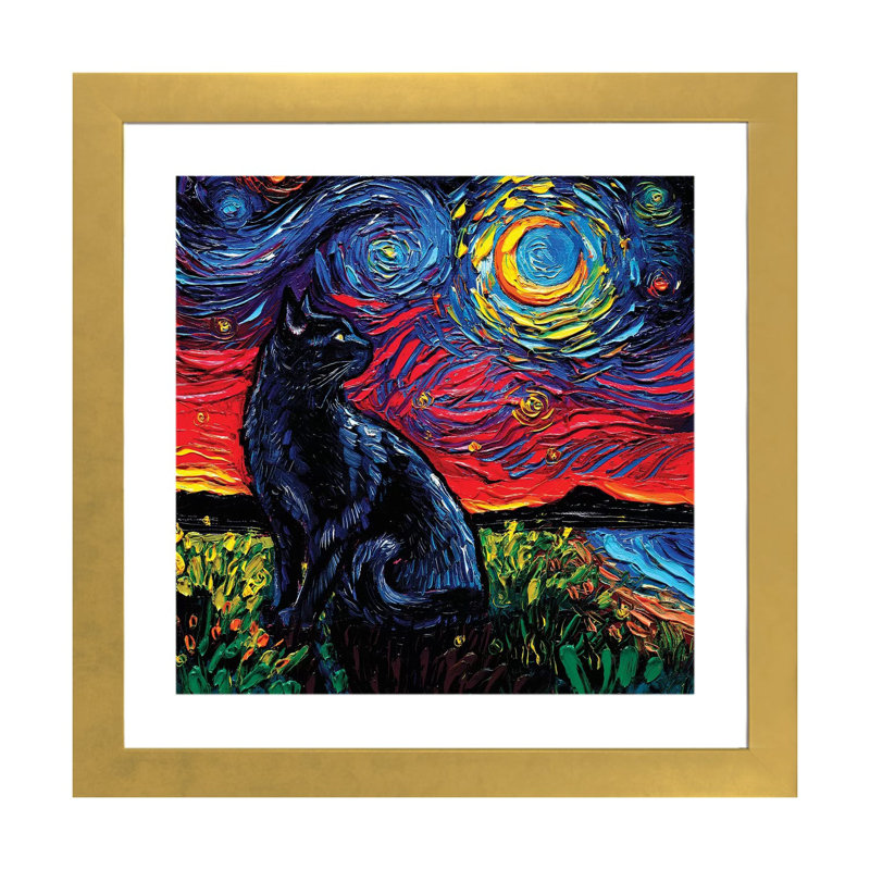 «Black Cat Night II» par Aja Trêves - reproduction d'art, H 16 po x l 16 po x p 1 po, Papier encadré doré, Blanc