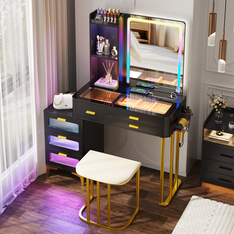 Palamara Makeup Vanity with LED Light, Black/Gold