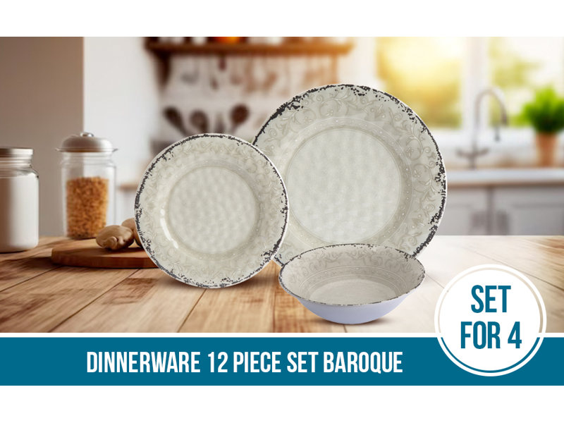 Service de table en mélamine 12 pièces, assiettes, plats, bols, service pour 4, baroque