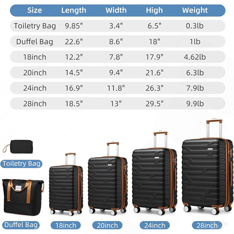 Ensemble de 6 valises avec sacs de voyage, valises rigides extensibles avec roulettes, verrou TSA, noir