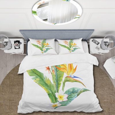 Fleurs tropicales jaunes avec feuilles vertes I - ensemble de housse de couette traditionnel - microfibre de polyester
