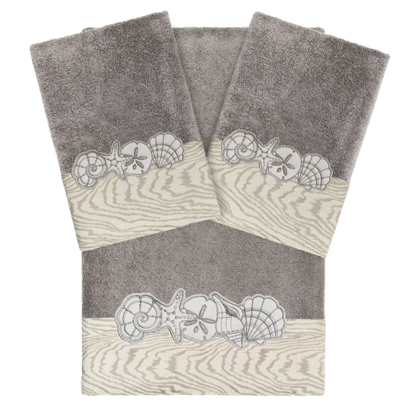 SHELL ROW 1 Bath Towel and 2 Hand Towel Set 3 Piece 100% Turkish Cotton Towel Set, Charcoal