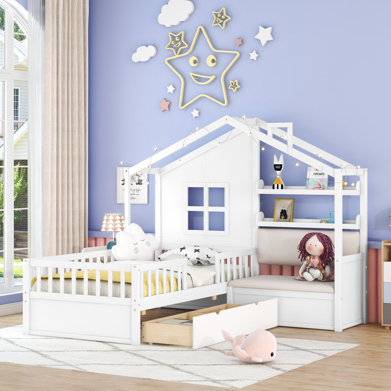 Lit plateforme simple pour enfant avec canapé, 2 tiroirs et tablette de rangement, Blanc