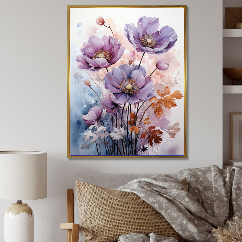 «Mauve Buttercups Mystical Moments» sur toile, H 40 po x l 30 po x P 1,5 po, Cadre flottant doré