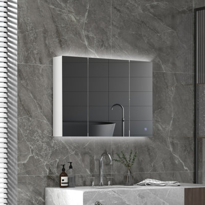 Pharmacie murale éclairée avec miroir, tablettes réglables et chargement USB, panneau de fibres à densité moyenne blanc ultrabrillant pour le rangement dans la salle de bain