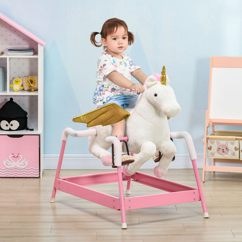 Cheval à bascule Qaba Kids Unicon, cheval à cheval pour filles et garçons avec sons d'animaux, animal en peluche avec douceur au toucher, jouet interactif pour enfants, rose