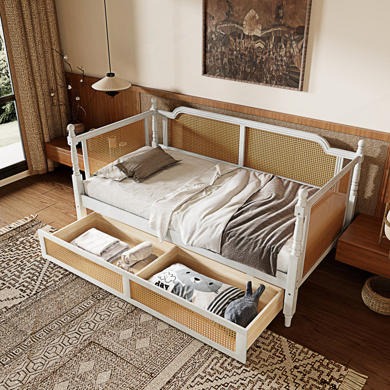Lit de jour simple en rotin de style traditionnel avec 2 tiroirs, lit de jour