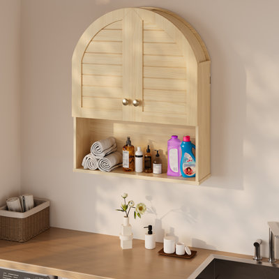 Ensemble de 2 armoires murales cintrées pour salle de bain, armoire à pharmacie de style campagnard avec porte, armoire de rangement à placer au-dessus des toilettes, armoires murales flottantes en bois