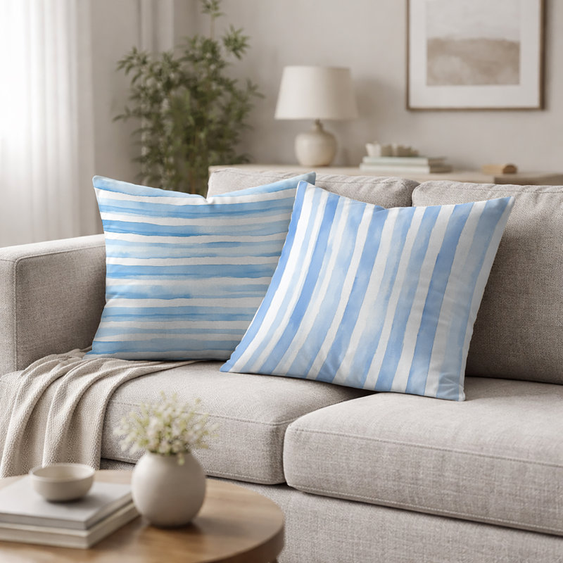 Coussin décoratif moderne à rayures bleues et blanches, H 20 po x l 20 po