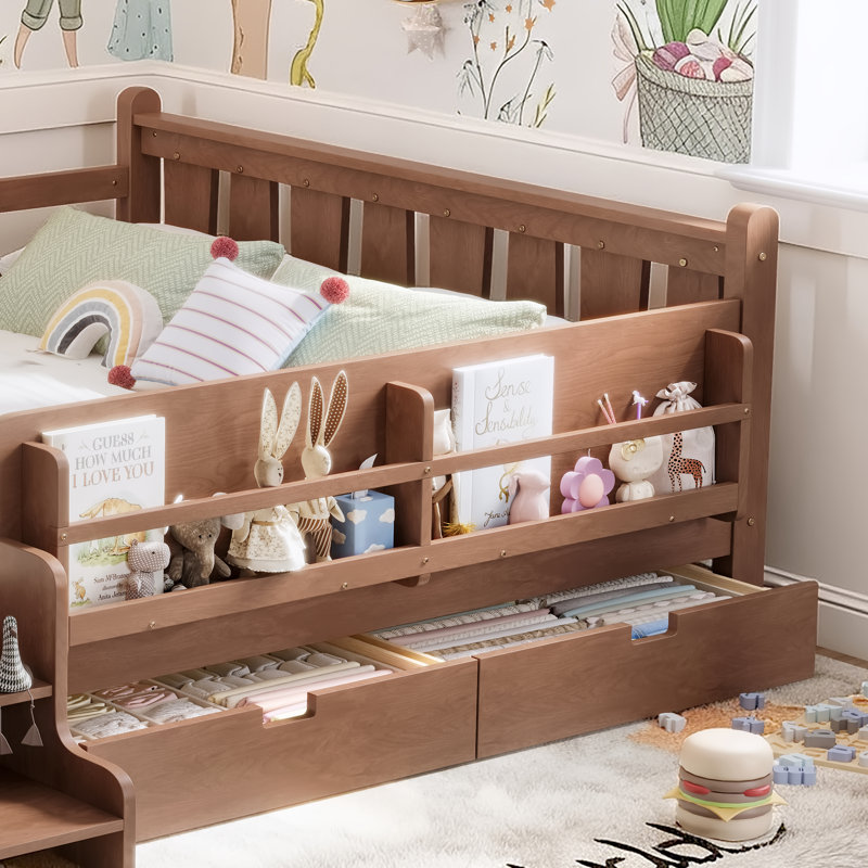 Queen Size Solid Wood Kids Floor Bed with Storage Bookcases, Drawers, Cute Stairs & Guardrails, No Box Spring, Natural, Queen
