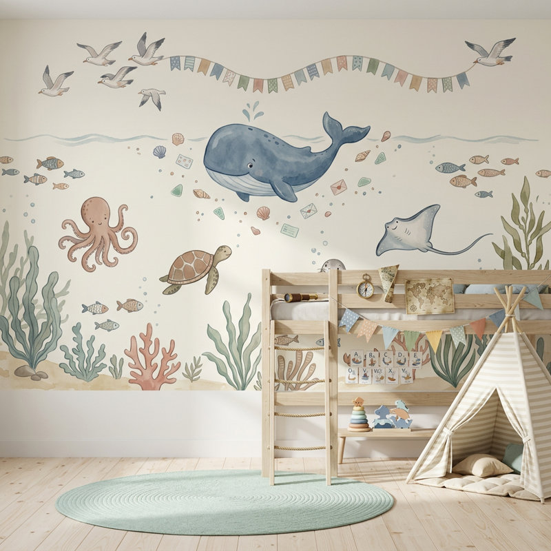 Décoration murale sous-marine baleine côtière amovible, 200 po x 120 po, Texturé non collé