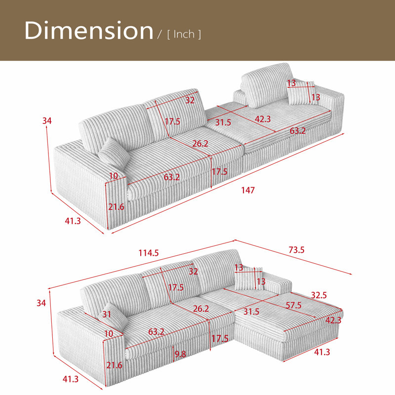 114.5'Modern Corduroy Modular Foam Sofa, Recliner Seat Reversible Sofa, 2-In-1 Sofa With Recliner And L-Shaped Sofa Combination With Three Cushion Neck Pillow Combination And Two Throw Pillows