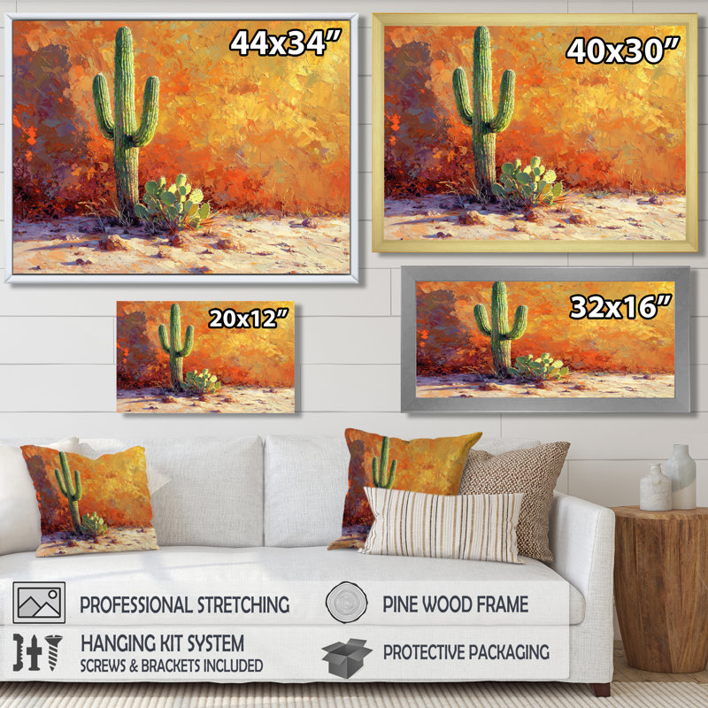 Saguaro dans la lumière dorée I - cactus, art mural sur toile, Cadre simple, Noir, H 12 po x l 20 po
