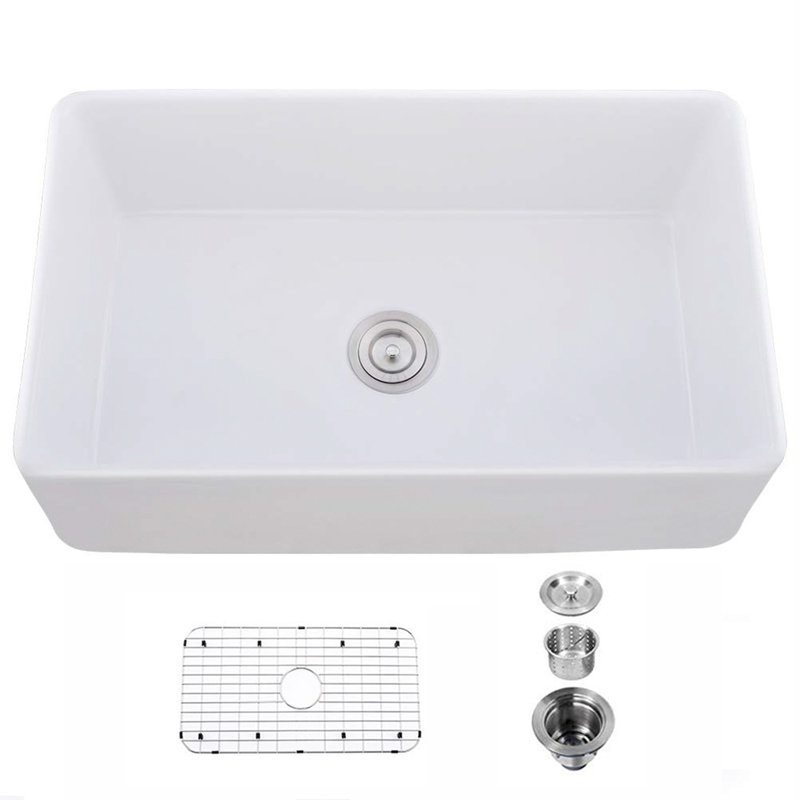 Single Basin Ceramic Farmhouse Kitchen Sink with Basket Strainer