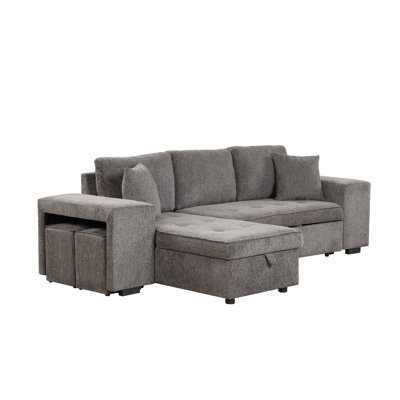 Canapé modulaire réversible en forme de L avec canapé-lit et 2 tabourets, rangement pour chaise longue de rangement gris anthracite, tissu en lin