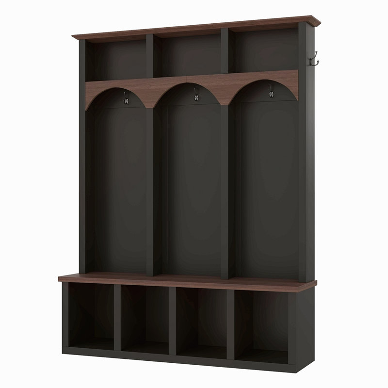 Farmhouse Wooden Style Hall Tree With Arched Design, Practical Entryway Walnut Storage Bench With 5 Black Hooks, Minimalist 4-In-1 Hallway Shoe Cabinet With 7 Cubbies For Mudroom, Living Room