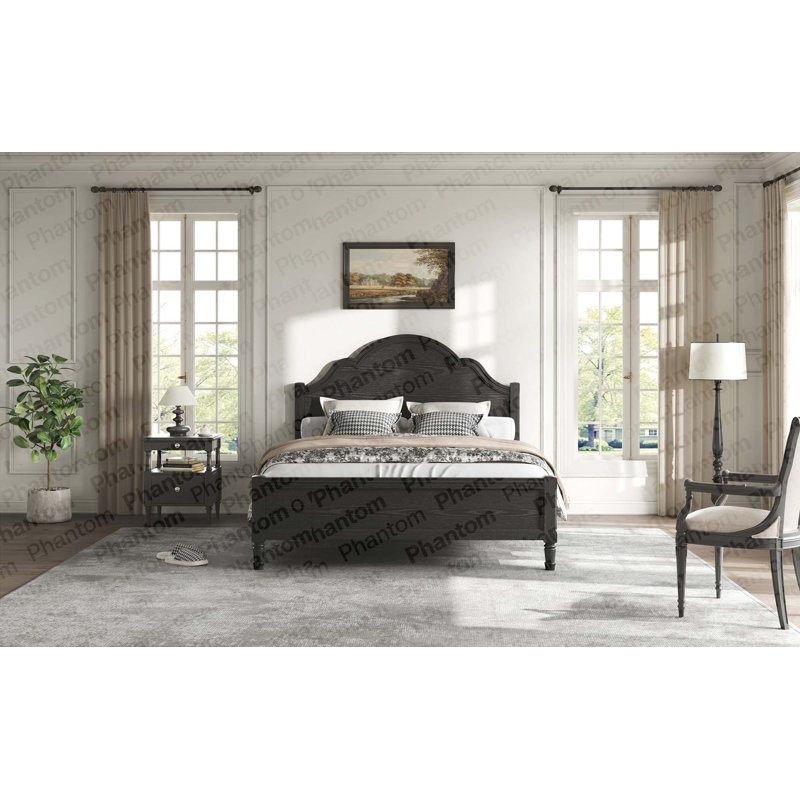 Grand lit plateforme en bois avec tête de lit et pied de lit, noir (heure d’arrivée prévue: 7,7), Black, Grand lit