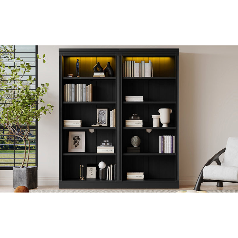 Suite de 5 bibliothèques, bois massif, tablettes réglables, DEL, noir pour bibliothèque de 81,15 po de hauteur, crayon