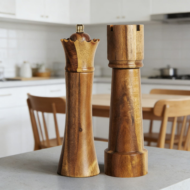 Ensemble de moulins à sel et à poivre en bois d'acacia avec noyau en céramique - Moulins à épices manuels réglables dans une conception élégante de pièce d'échecs, rechargeables et durables pour la cuisine et la salle à manger