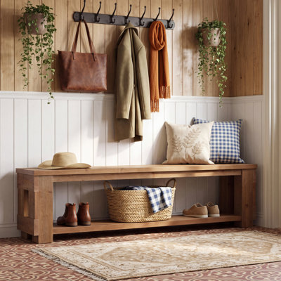 Banc de rangement en bois massif brun de 180 cm avec tablette ouverte, style campagnard, pour entrée, couloir ou chambre.