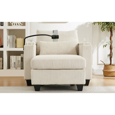 Chaise longue convertible 37,4 po en velours côtelé beige avec ports, porte-gobelets, compartiments de rangement et accoudoirs lombaires cachés sur le côté