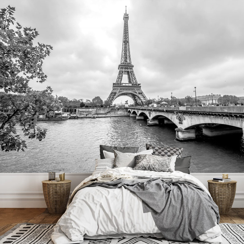 Paris Eiffel Tower from Seine Cityscape in Black and White Self-Adhesive Large Wallpaper, 100" L x 144" W