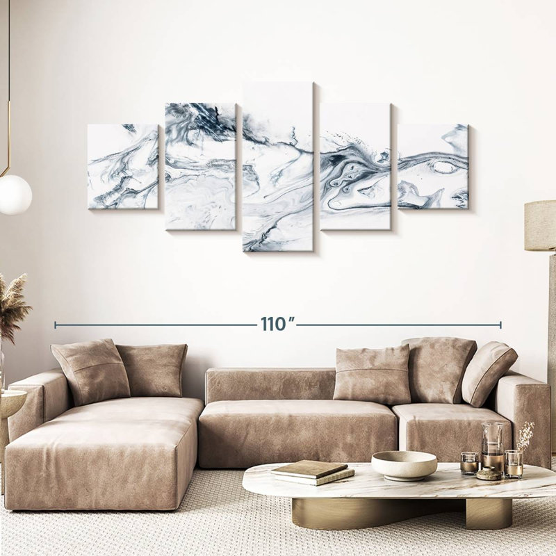 Gris et blanc abstrait 5 pièces, H 92 po x l 42 po x P 1,25 po
