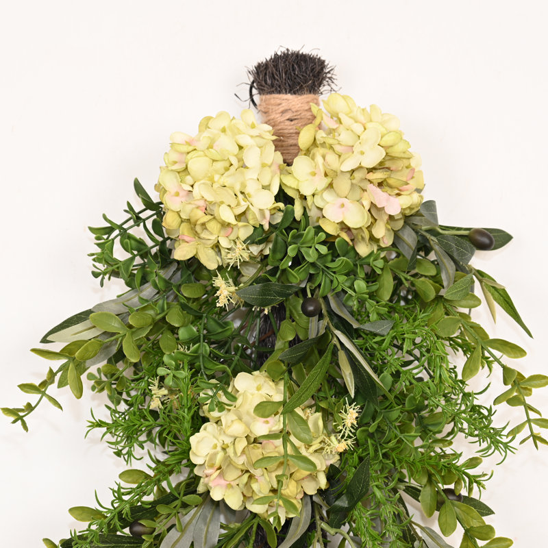 Ornement floral en forme de larme 24 po avec retentissement floral et feuilles en forme d'hortensia pour porte d'entrée 24 po