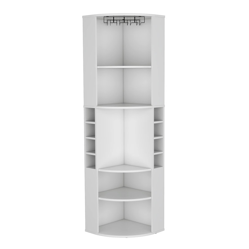 Corner Bar Cabinet With Five Shelves , Eight Bottle Cubbies, White