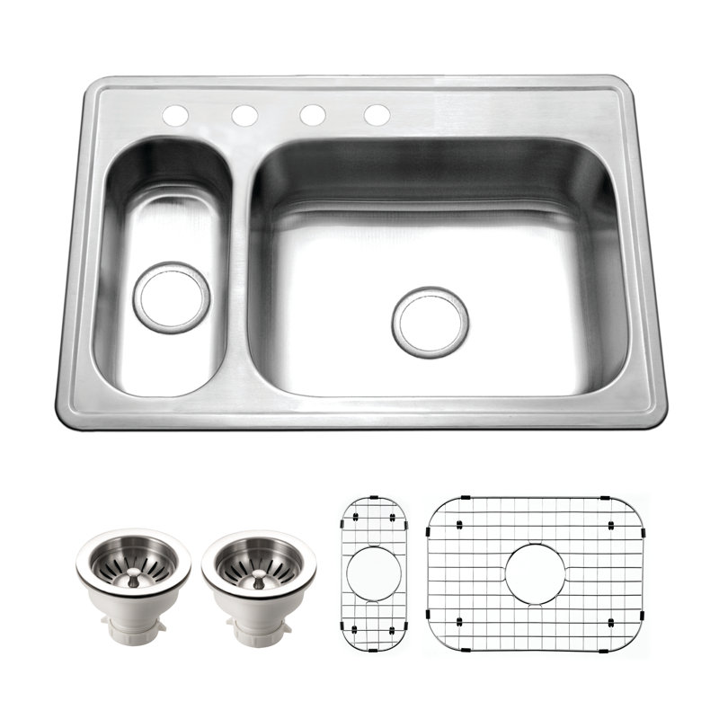 Houzer 33 in Stainless Topmount 4-hole 80/20 Double Small Left Sink w/ Strainer,Grids-LHD-3322-C