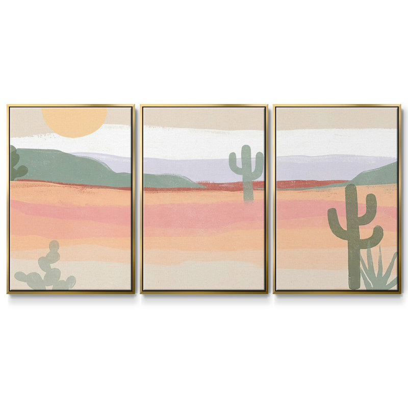 Cactus Plateau II, peinture sur toile 3 pièces, H 36 po x l 75 po, Encadrement doré