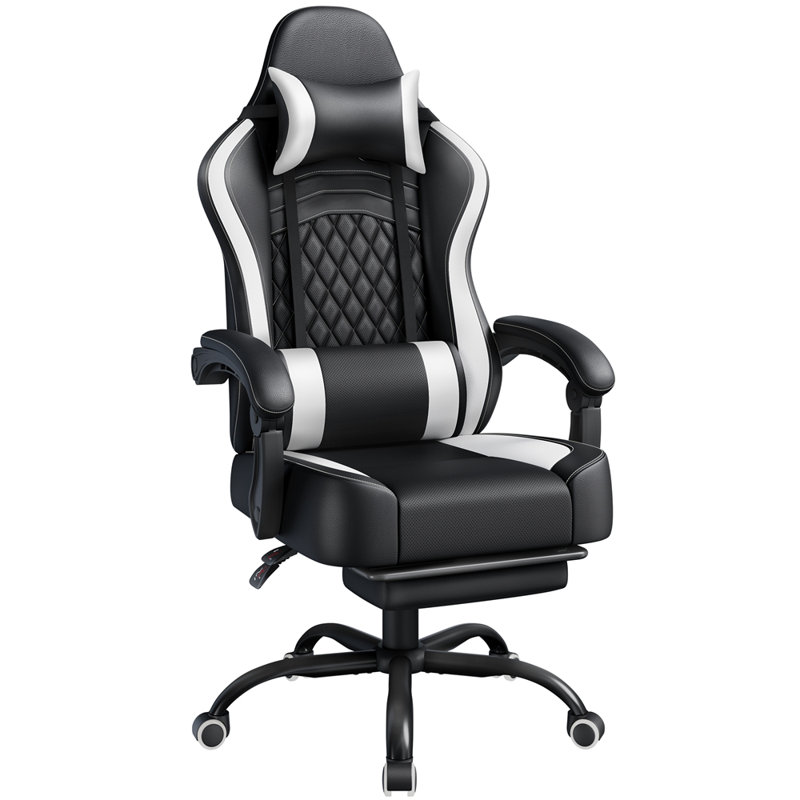 Metro Lane Adjustable Reclining Ergonomic Faux Leather Swiveling PC & Racing Game Chair with Footrest, Black/White