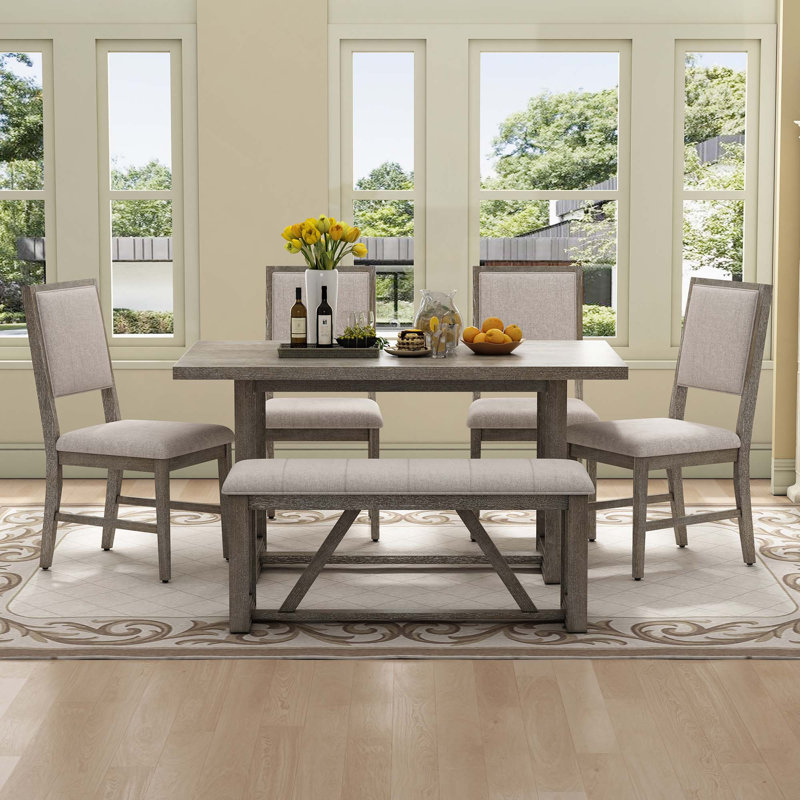 Ensemble de salle à manger rétro avec table à tréteaux 4 chaises et banc pour la cuisine, Gray