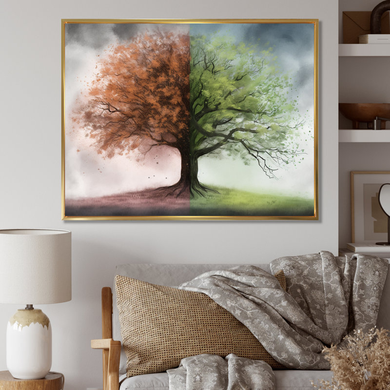 Rouslan " Tree Season Change I ", 12" H x 20" W x 1" D, Gold Floater Framed