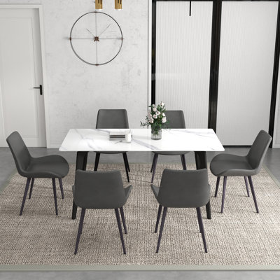 Fairy Nedek 7-Piece Modern Rectangular Sintered Stone Dining Table Set With 6 Grey Faux Leather Chairs