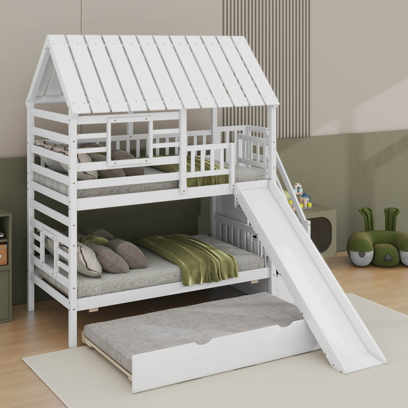 Twin Over Twin Bunk Bed With Trundle And Slide, White