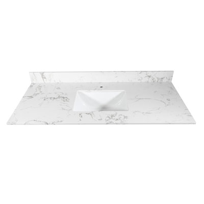 43X22 Inch White Marble Copy Vanity Top - Engineered Stone, Rectangular Ceramic Undermount Sink, Back Splash, Faucet Hole Duty Simulated