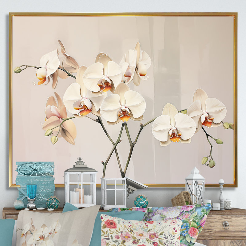 Orchidées beiges tranquillité VI sur toile, Cadre photo noir, H 34 po x l 44 po