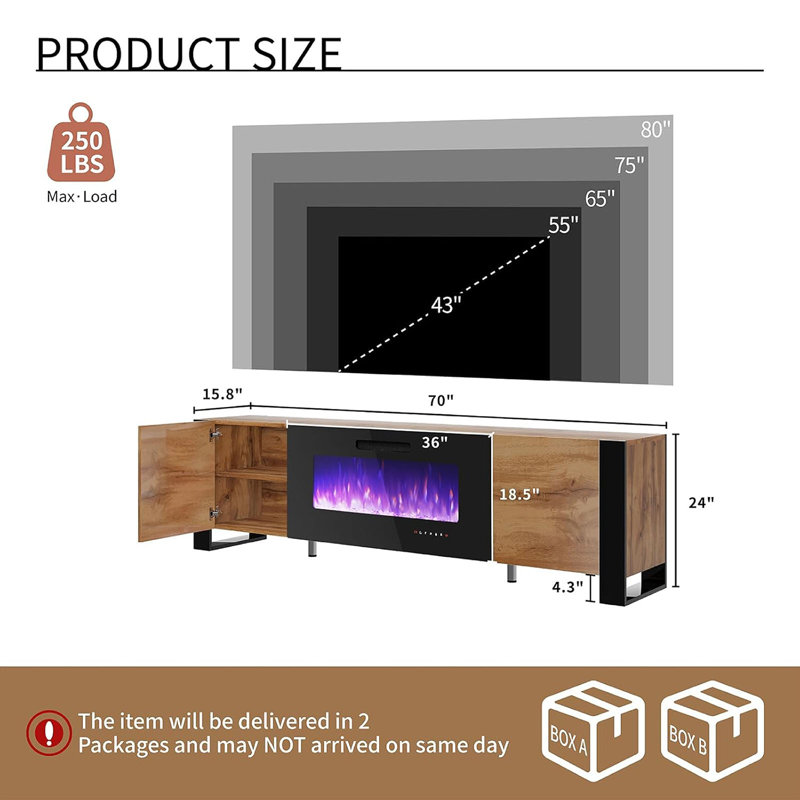 Pittston Unfinished with Fireplace Included, Brown/Black, 70"