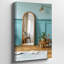"Toile", créant une scène sereine et inspirante avec un art mural minimaliste avec des murs bleus pastel doux baignés dans une toile naturelle chaude-817402767