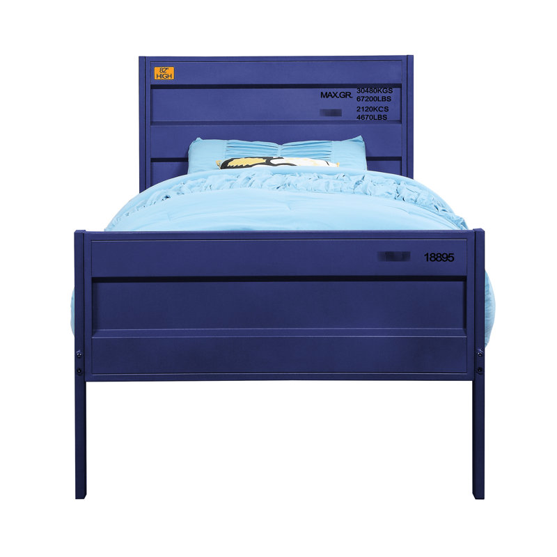 Lit double blanc Cargo avec structure en métal, panneaux encastrés, longueur de la serrure de contenant, pied rectangulaire bas, pieds droits, 21 lattes, limite de poids de 100 lb, profondeur de finition de 56,7 po, cadre