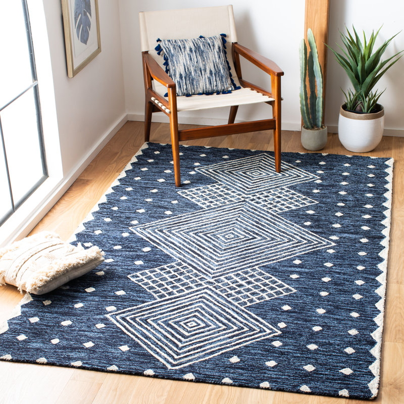 Tapis bleu / ivoire en laine / coton touffeté à la main Micro-Loop, Rectangle 5 pi x 8 pi