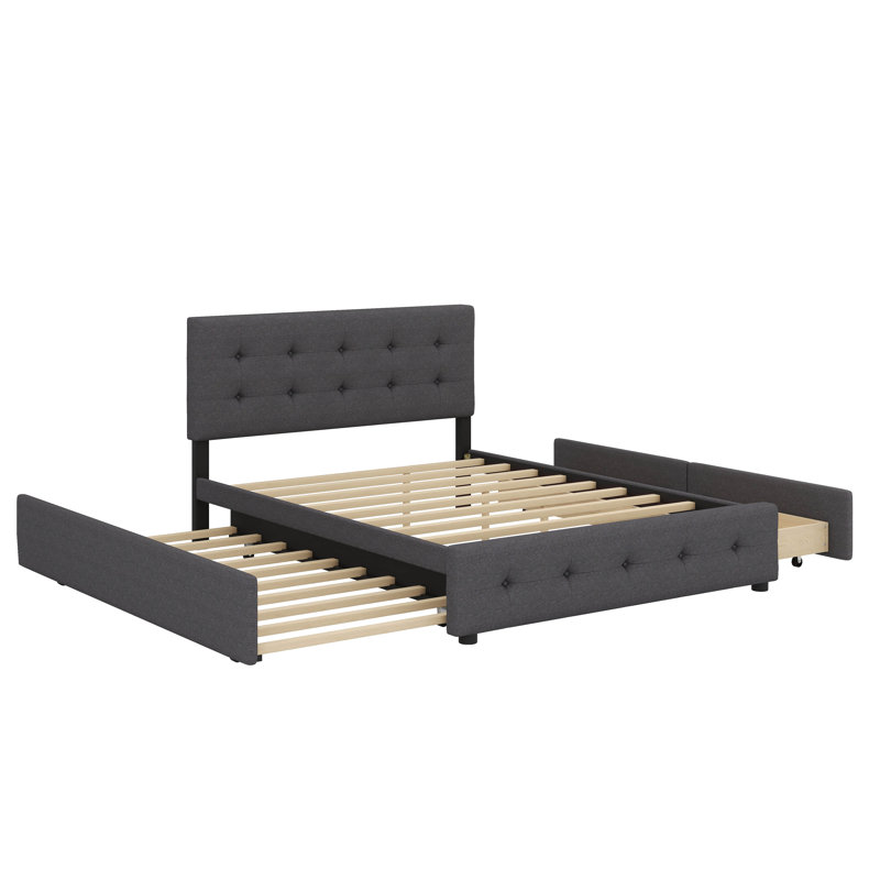 Grand lit plateforme tapissier avec deux tiroirs et un lit gigogne escamotable, Dark Grey