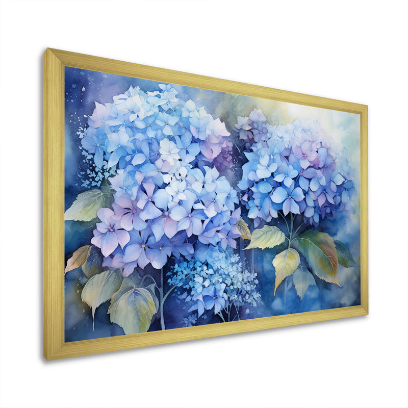 «Blue Hydrangea Farmhouse Still Life I - Hydrangea», art mural, H 16 po x l 32 po x P 1 po, Cadre doré simple